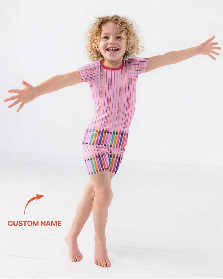 Custom Name Crayon Lines Bamboo Two Piece Short Sleeve Shorts Pajama Set