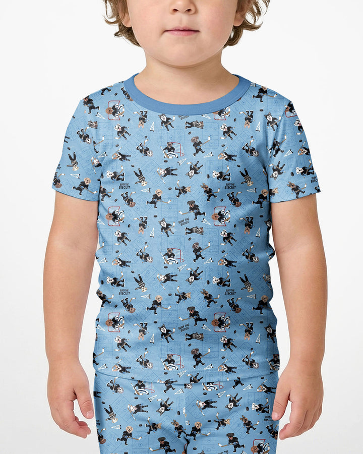 Hockey Dogs - Blue and Black Bamboo Two Piece Short Sleeve Shorts Pajama Set