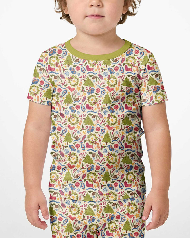 All Over Christmas Fun Bamboo Two Piece Short Sleeve Shorts Pajama Set