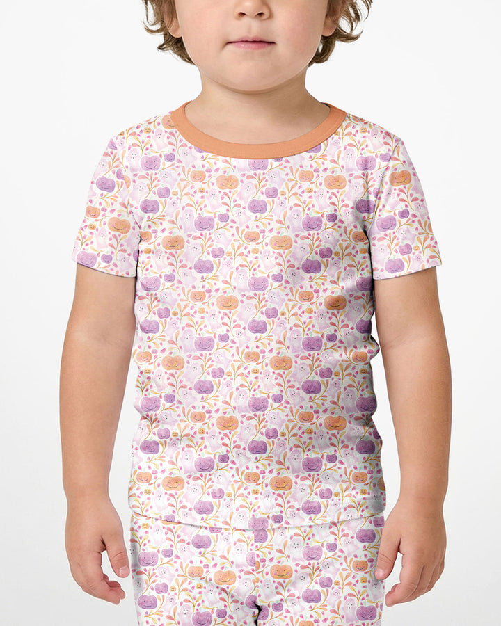 Pastel Pumpkins and Ghosts Bamboo Two Piece Short Sleeve Shorts Pajama Set