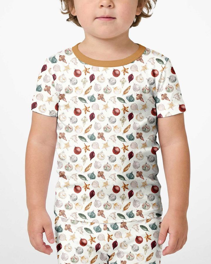 Watercolor Christmas Ornaments Bamboo Two Piece Short Sleeve Shorts Pajama Set