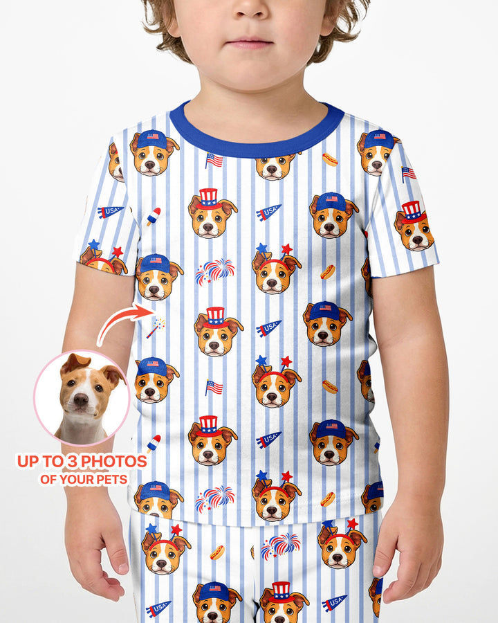 Custom Pet Image 4th of July Family Matching Bamboo Two Piece Short Sleeve Shorts Pajama Set