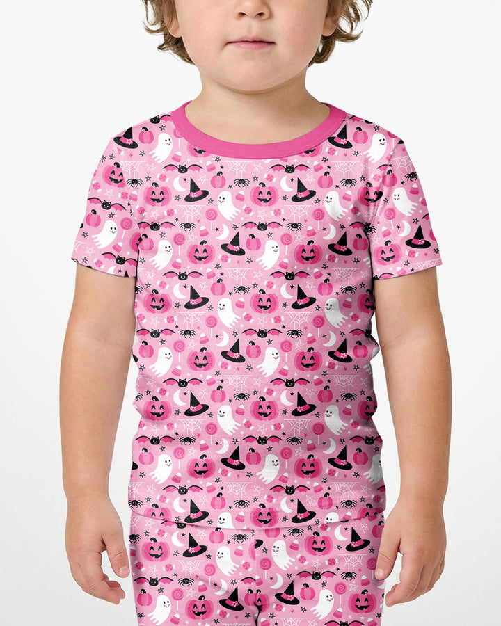 Cute Pink Halloween Ghost Pumpkin Witch Bamboo Two Piece Short Sleeve Shorts Pajama Set