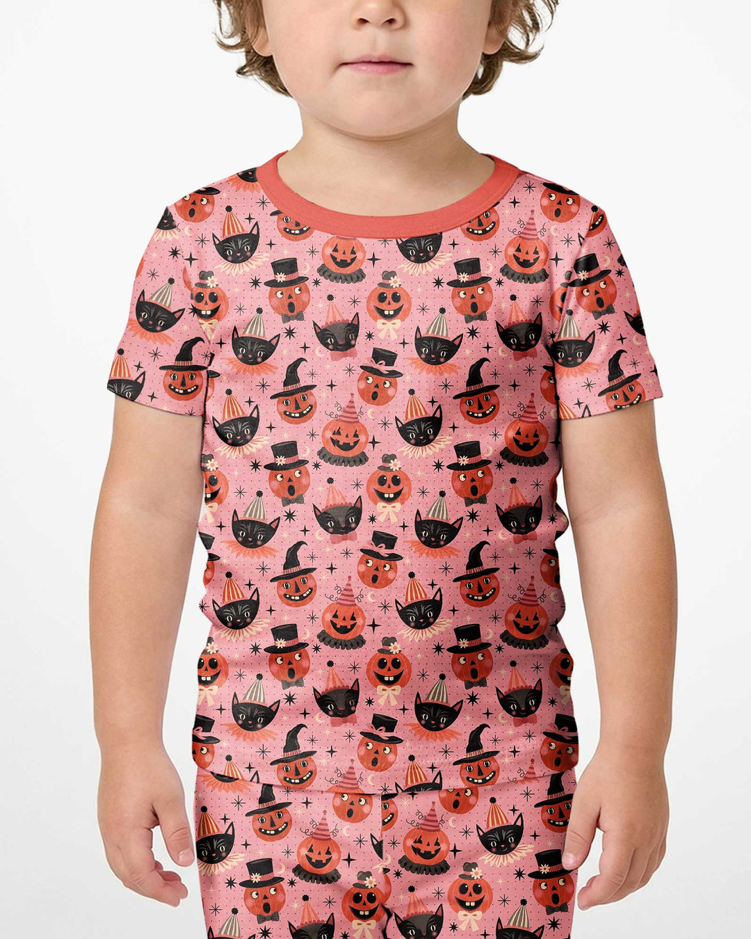 Retro Halloween Cats and Funny Pumpkins Bamboo Two Piece Short Sleeve Shorts Pajama Set