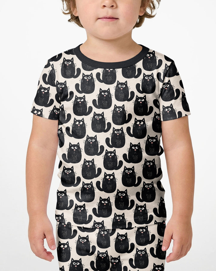 Moody Black Cats in Black and White Bamboo Two Piece Short Sleeve Shorts Pajama Set