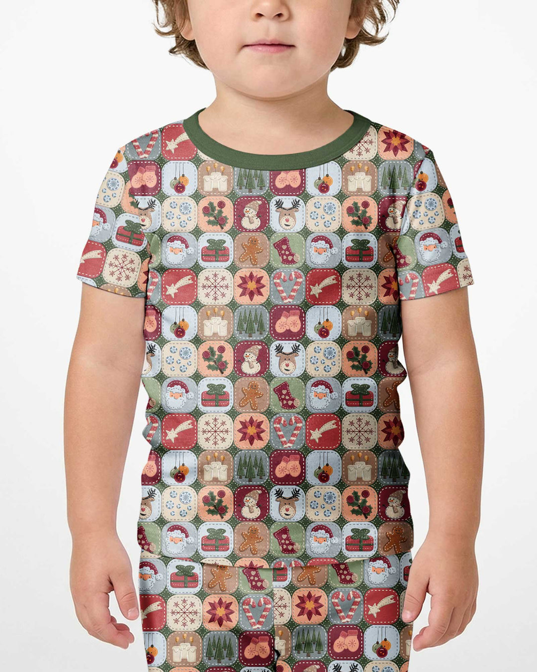 Christmas Felt Patchwork Bamboo Two Piece Short Sleeve Shorts Pajama Set