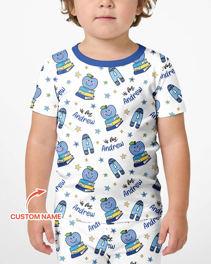 Custom Name Crayon Alphabet Bamboo Two Piece Short Sleeve Shorts Pajama Set