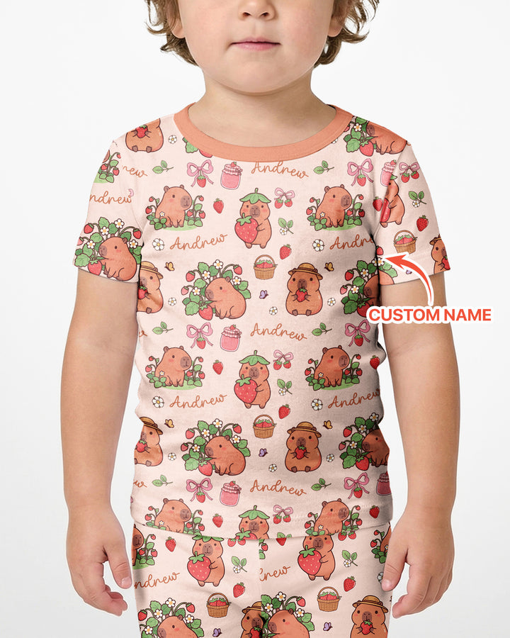 Custom Name Capybara Strawberry Bamboo Two Piece Short Sleeve Shorts Pajama Set
