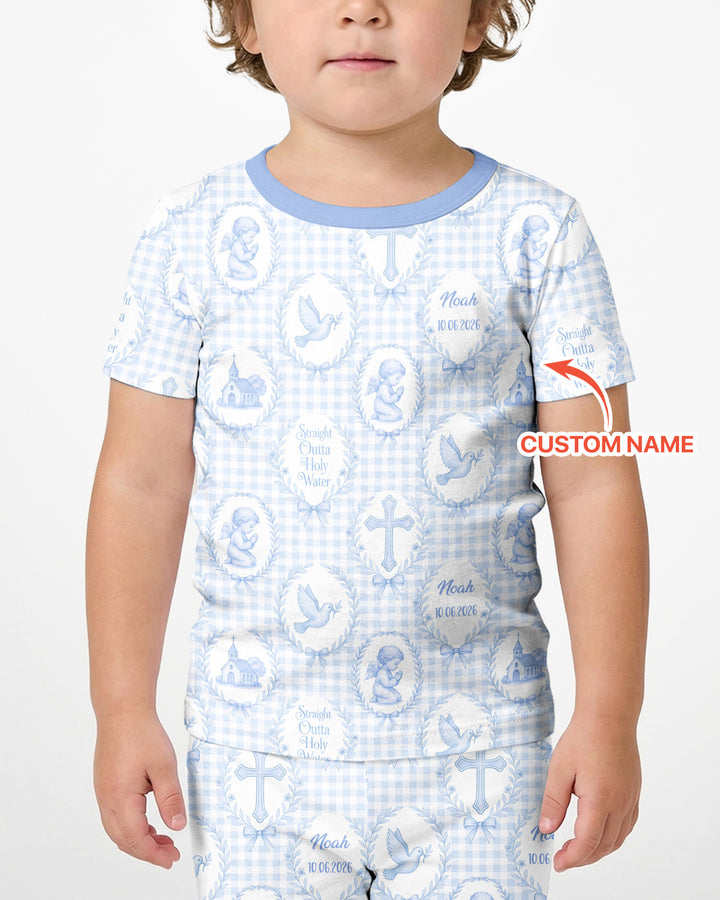 Custom Name Baptism Straight Outta Holy Water Bamboo Two Piece Short Sleeve Shorts Pajama Set