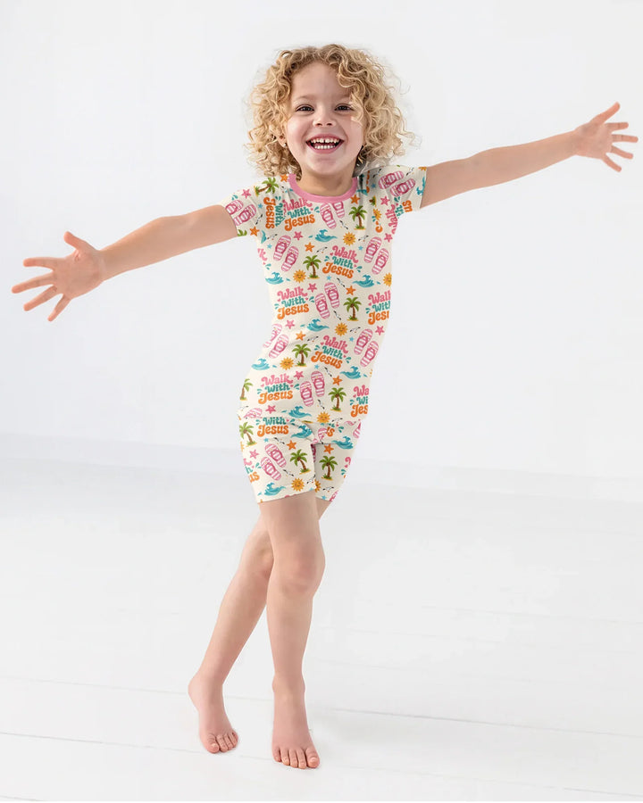 Groovy Summer Walk With Jesus Bamboo Two Piece Short Sleeve Shorts Pajama Set