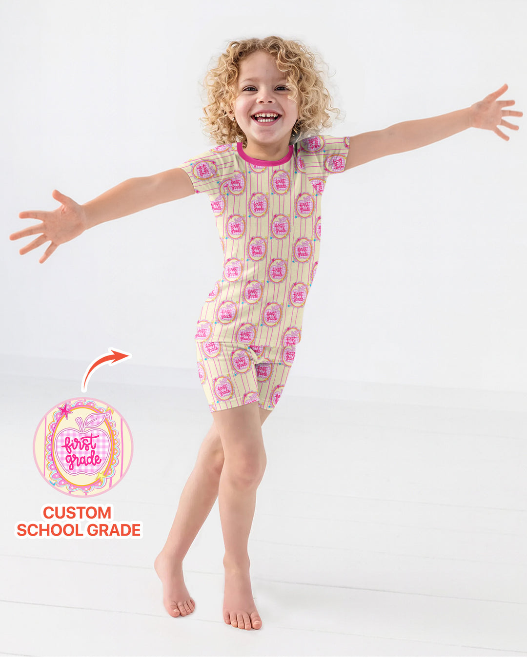 Custom Grade School Sweetie Bamboo Two Piece Short Sleeve Shorts Pajama Set