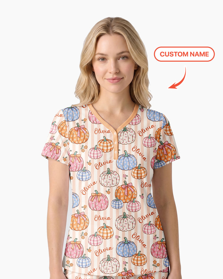 Custom Name Pumpkin Patch Bamboo Women Short Sleeve Short Pajama Set