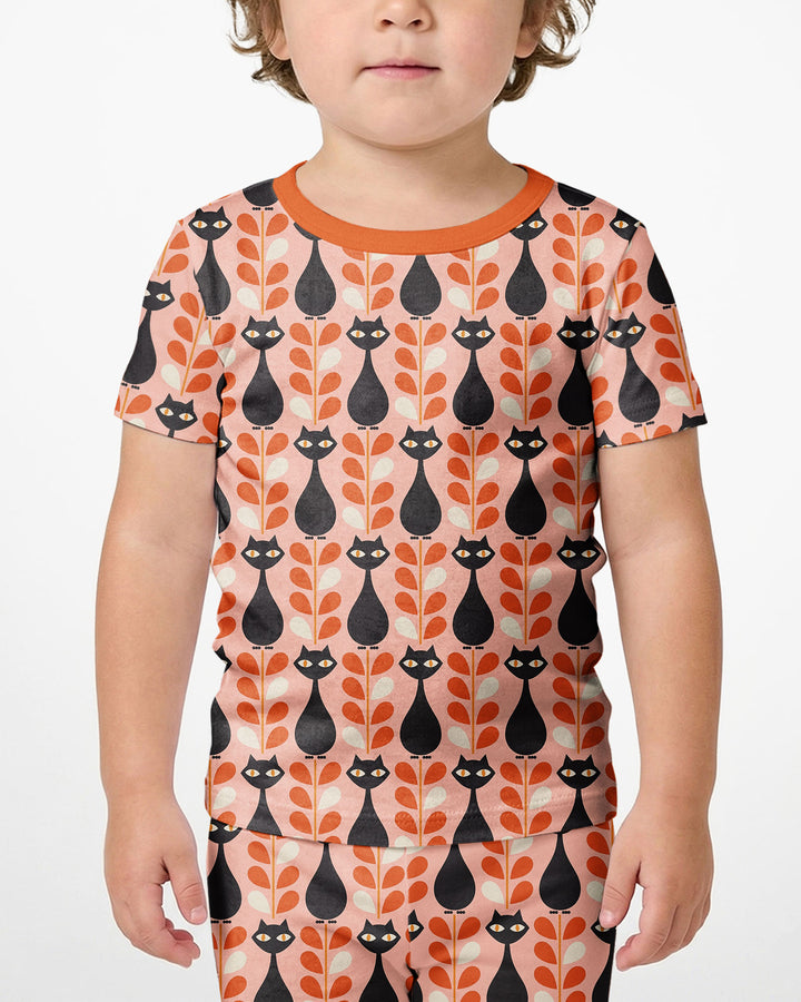Retro Black Cat Garden Bamboo Two Piece Short Sleeve Shorts Pajama Set