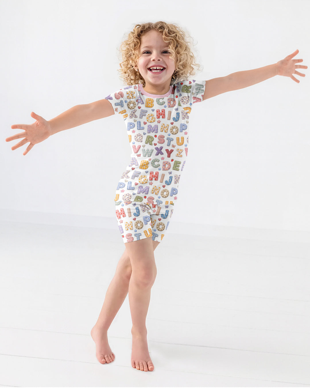 Fabric Alphabet Letters Bamboo Two Piece Short Sleeve Shorts Pajama Set