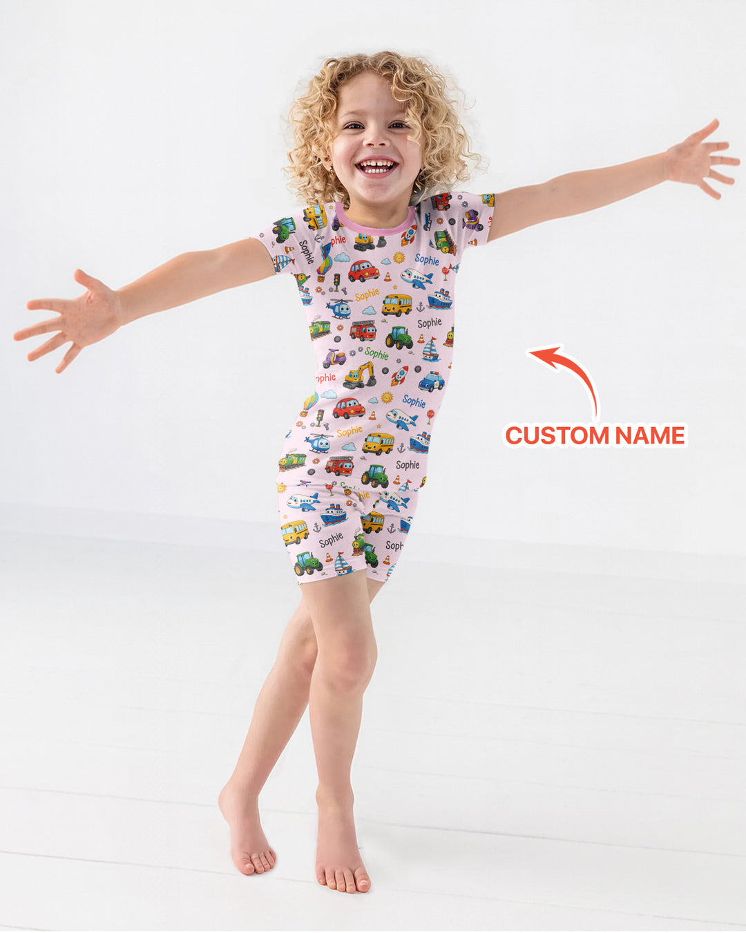 Custom Name Cute Transport Bamboo Two Piece Short Sleeve Shorts Pajama Set