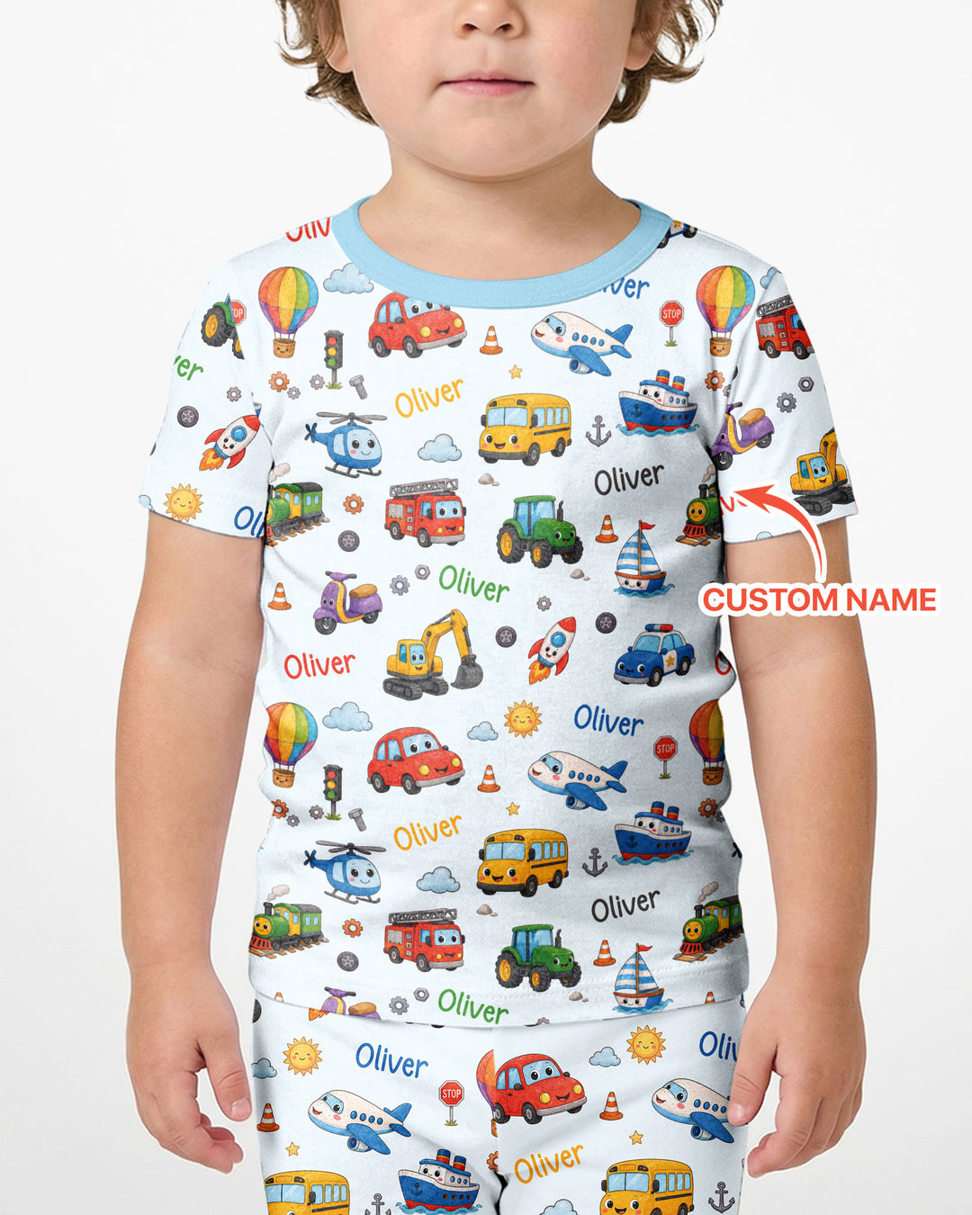 Custom Name Cute Transport Bamboo Two Piece Short Sleeve Shorts Pajama Set