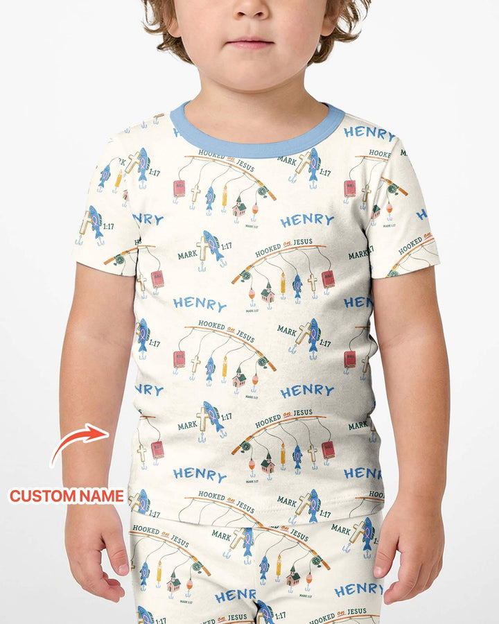 Hooked On Jesus Fishing Matching Bamboo Two Piece Short Sleeve Shorts Pajama Set