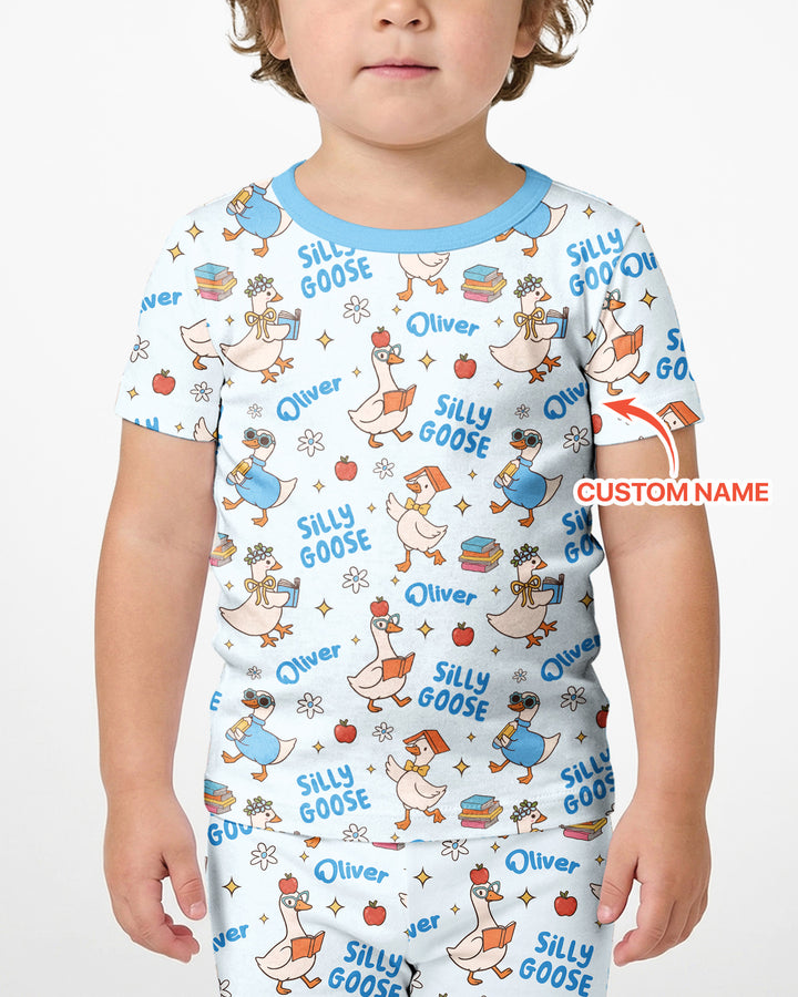 Custom Name Silly Goose Back to School Bamboo Two Piece Short Sleeve Shorts Pajama Set
