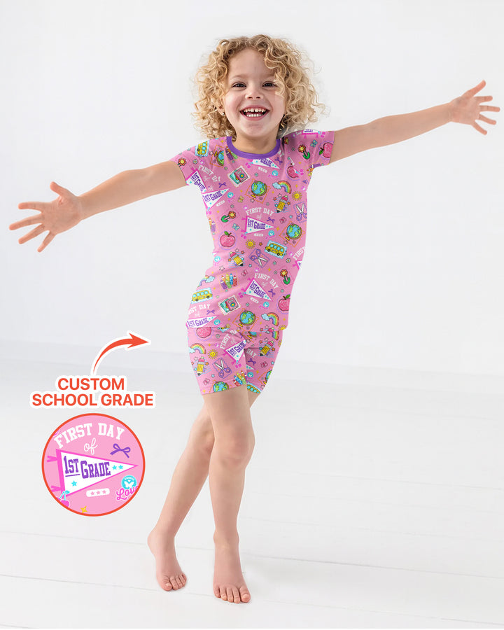 Custom Grade Girls School First Day Bamboo Two Piece Short Sleeve Shorts Pajama Set