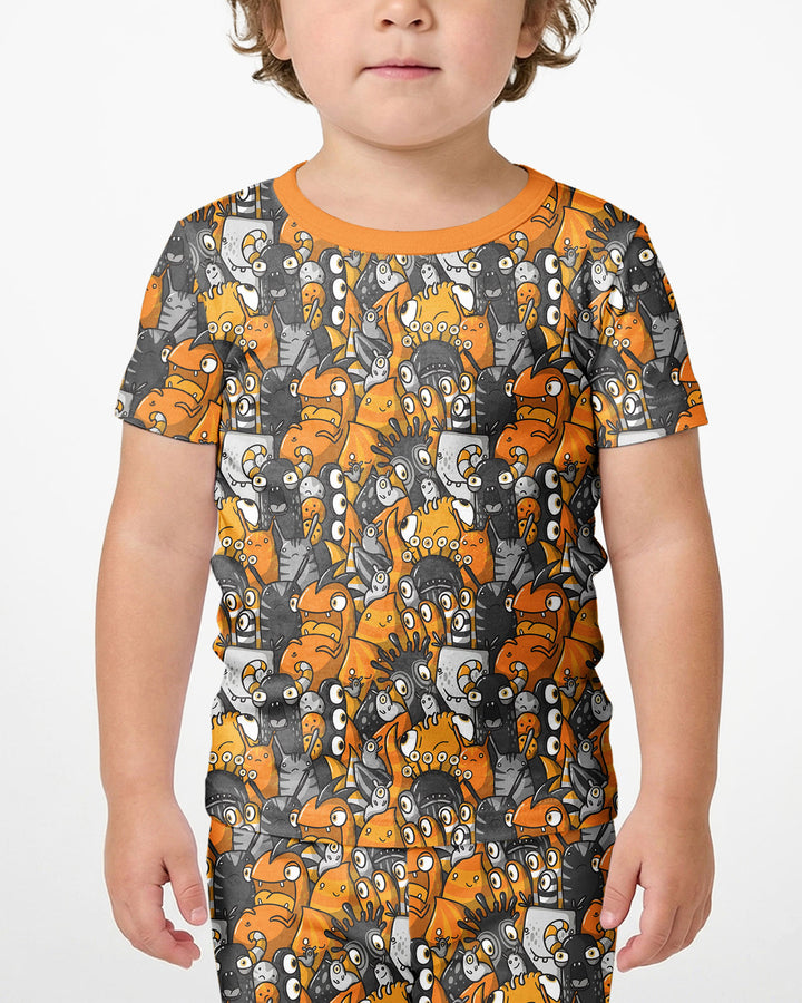 Colorful Doodle Monster Friends Bamboo Two Piece Short Sleeve Shorts Pajama Set