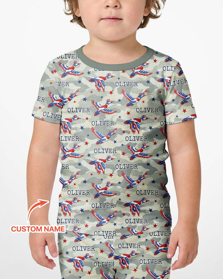 Custom Name America Mallard Duck Family Matching Bamboo Two Piece Short Sleeve Shorts Pajama Set