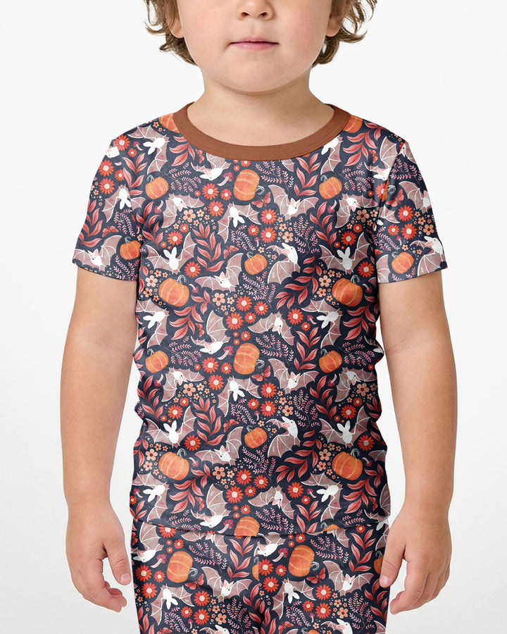 Bat Pumpkin Floral Halloween Bamboo Two Piece Short Sleeve Shorts Pajama Set
