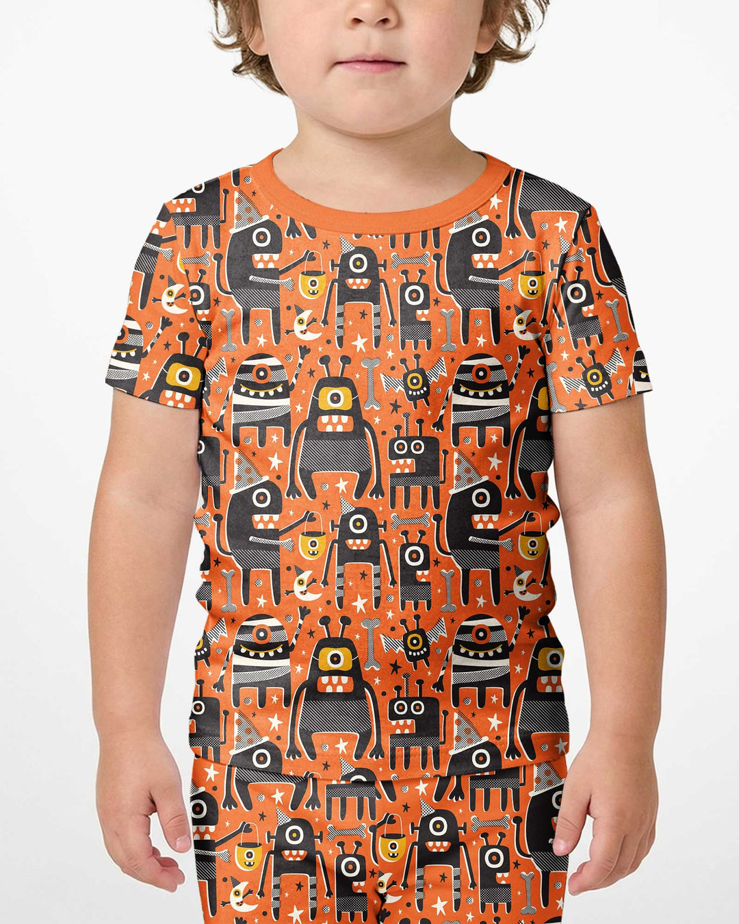 Mid Century Halloween Monster Toss Bamboo Two Piece Short Sleeve Shorts Pajama Set
