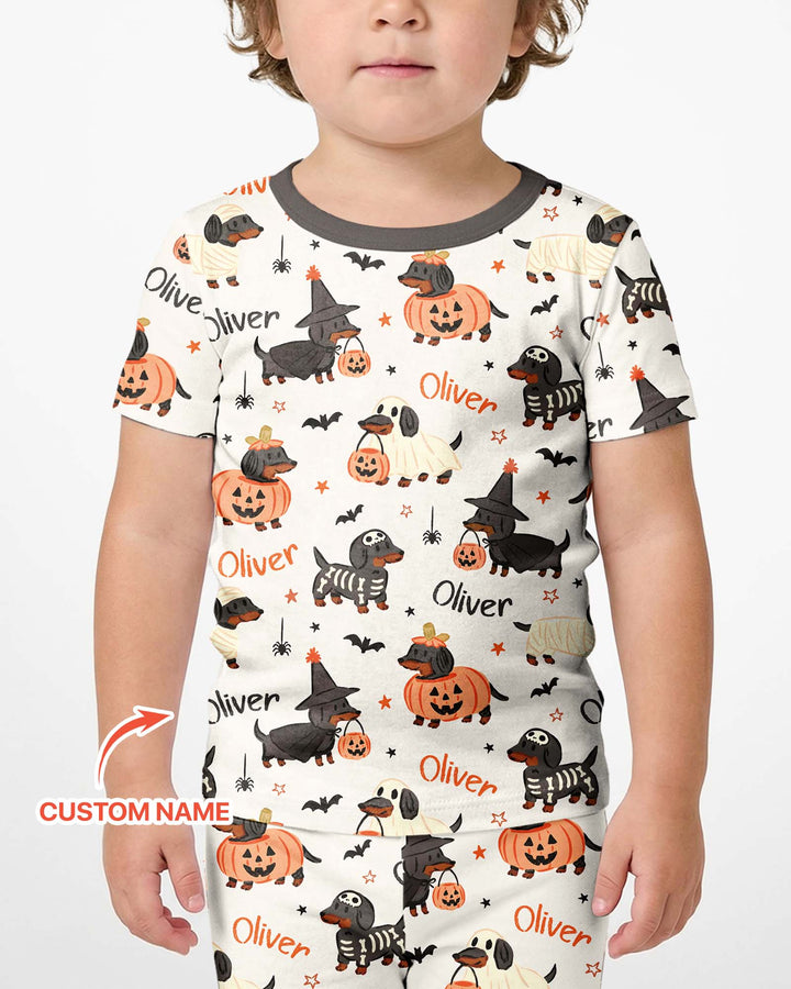 Orange and Black Dachshund Bamboo Two Piece Short Sleeve Shorts Pajama Set