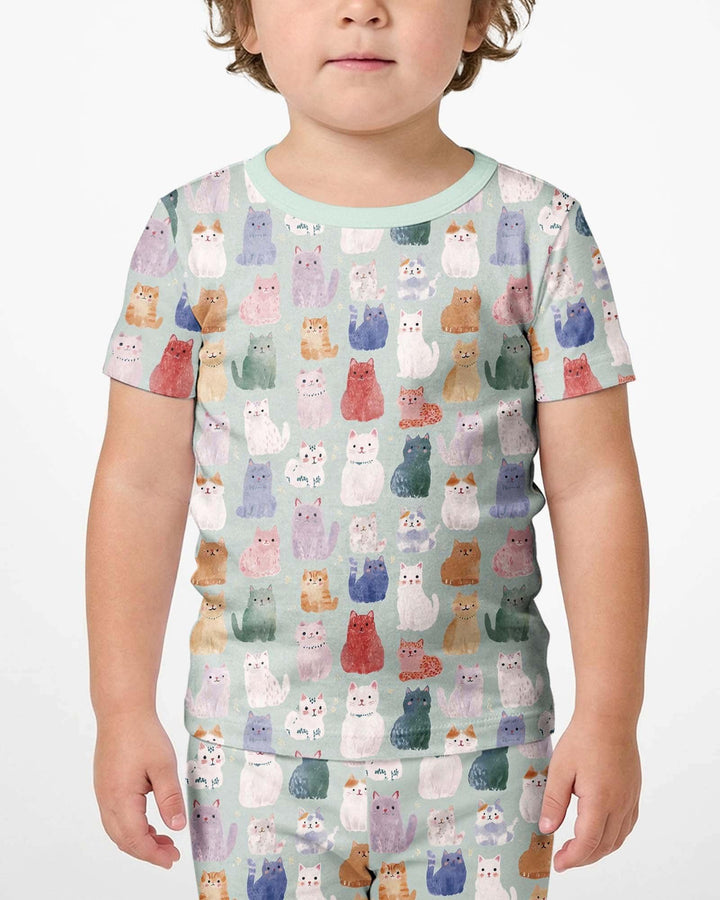 Enchanted Happy Kitty Family Matching Bamboo Two Piece Short Sleeve Shorts Pajama Set
