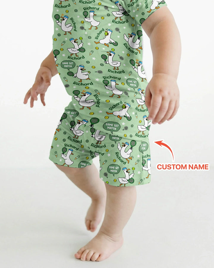 Silly Goose Playing Tennis Bamboo Two Piece Short Sleeve Shorts Pajama Set