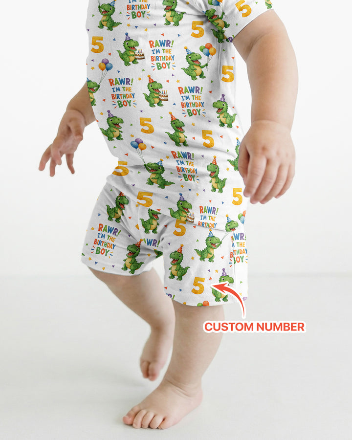 Personalized Dinosaur Birthday Boy Bamboo Two Piece Short Sleeve Shorts Pajama Set