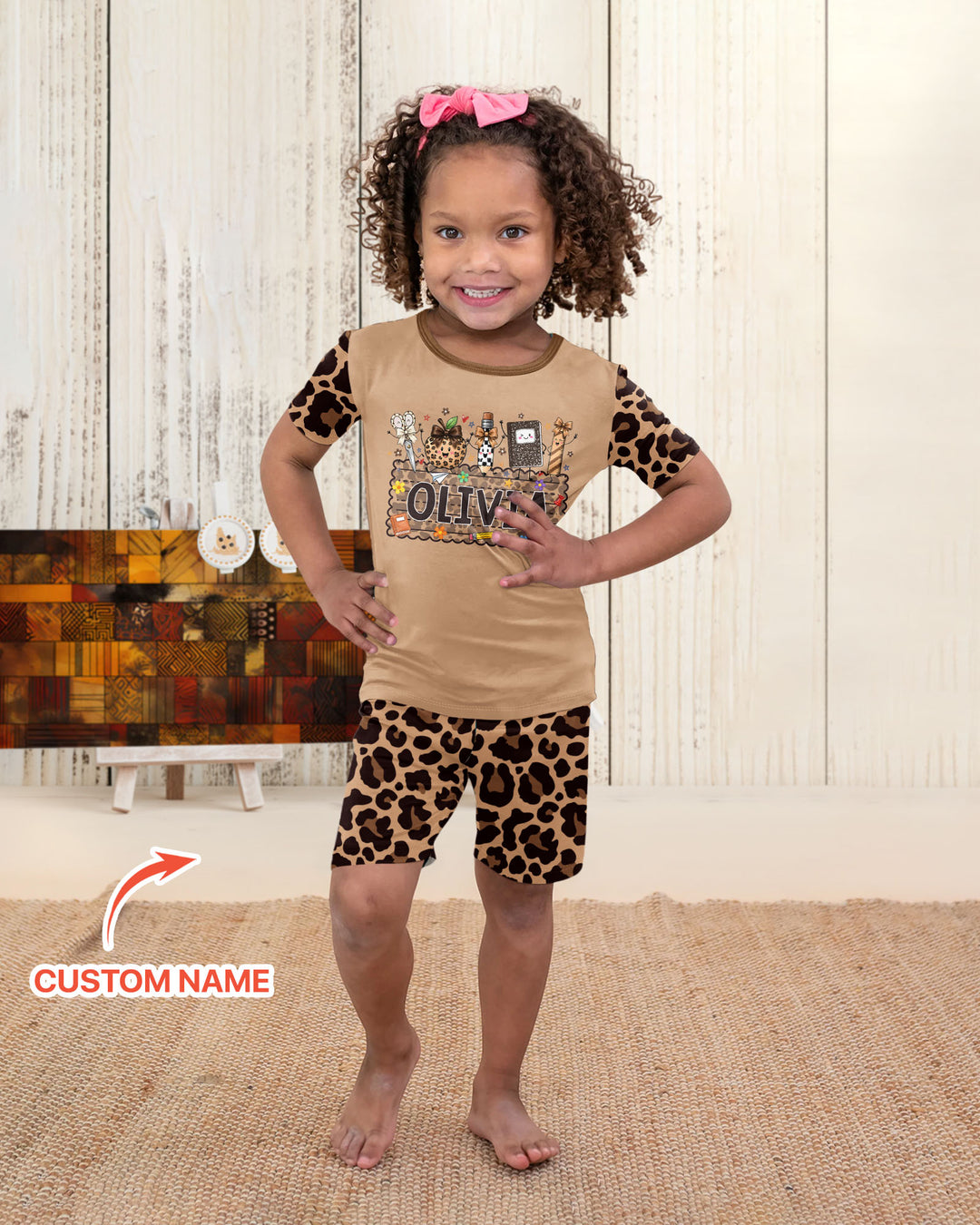 Custom Name School Sweetheart Leopard Bamboo Two Piece Short Sleeve Shorts Pajama Set