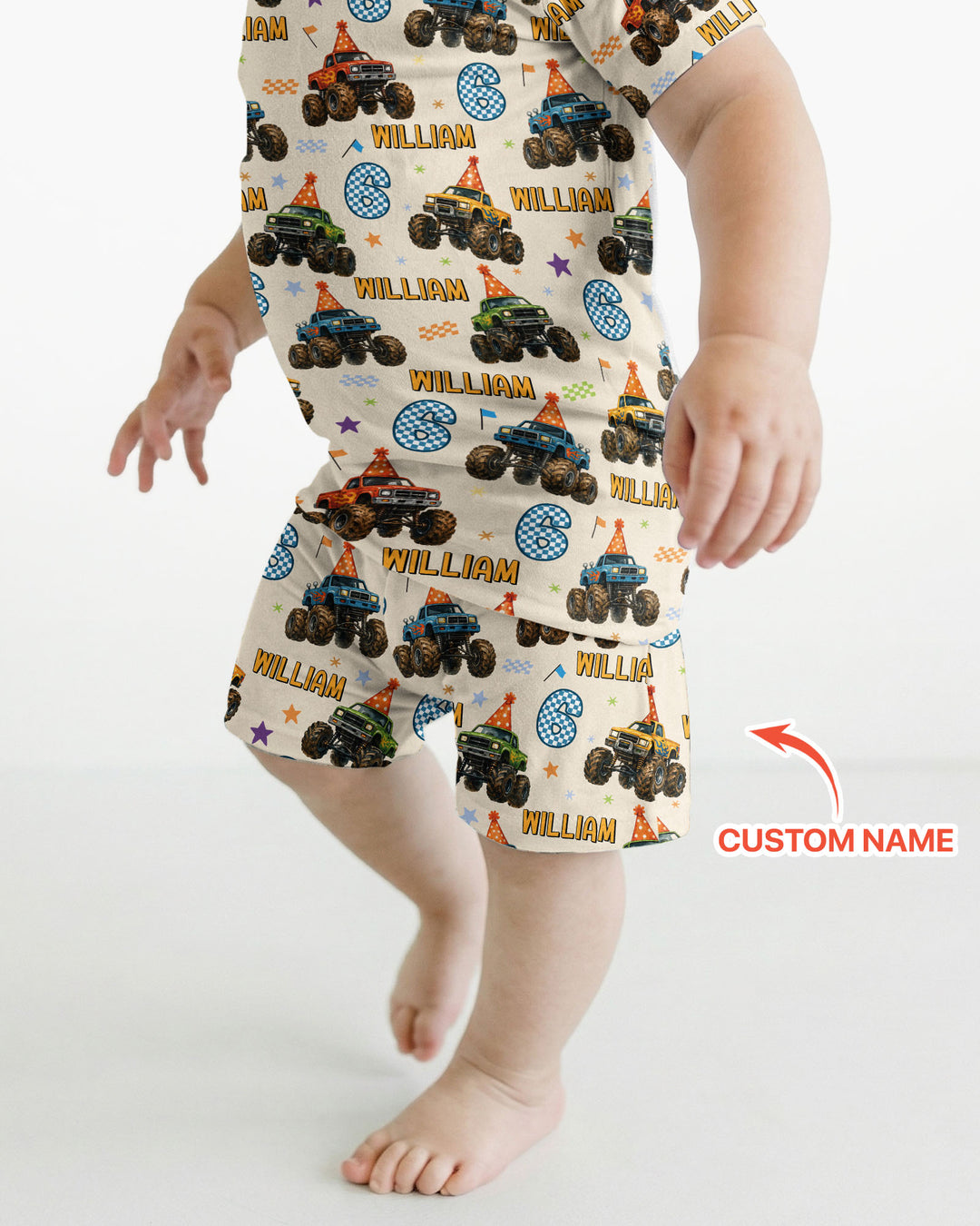 Custom Name Birthday Boy Monster Truck Bamboo Two Piece Short Sleeve Shorts Pajama Set