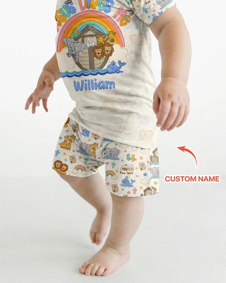 Custom Name Noah's Ark Jesus Loves Me Bamboo Two Piece Short Sleeve Shorts Pajama Set
