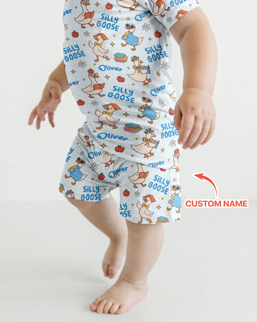 Custom Name Silly Goose Back to School Bamboo Two Piece Short Sleeve Shorts Pajama Set