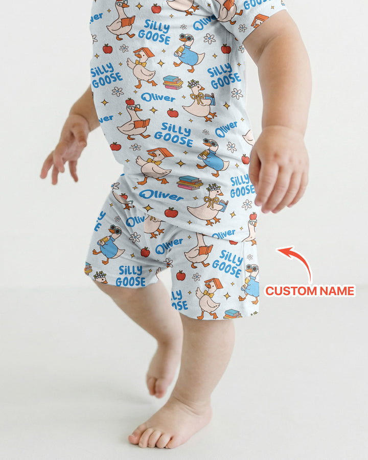 Custom Name Silly Goose Back to School Bamboo Two Piece Short Sleeve Shorts Pajama Set