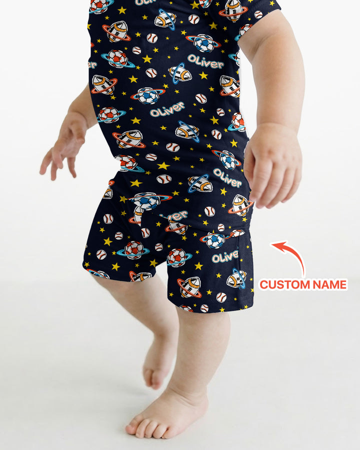 Custom Name Space Sport Bamboo Two Piece Short Sleeve Shorts Pajama Set