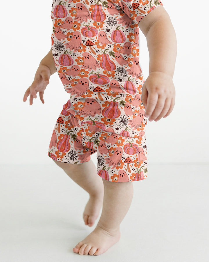 Pink Ghost Pumpkin Fall Floral Halloween Bamboo Two Piece Short Sleeve Shorts Pajama Set