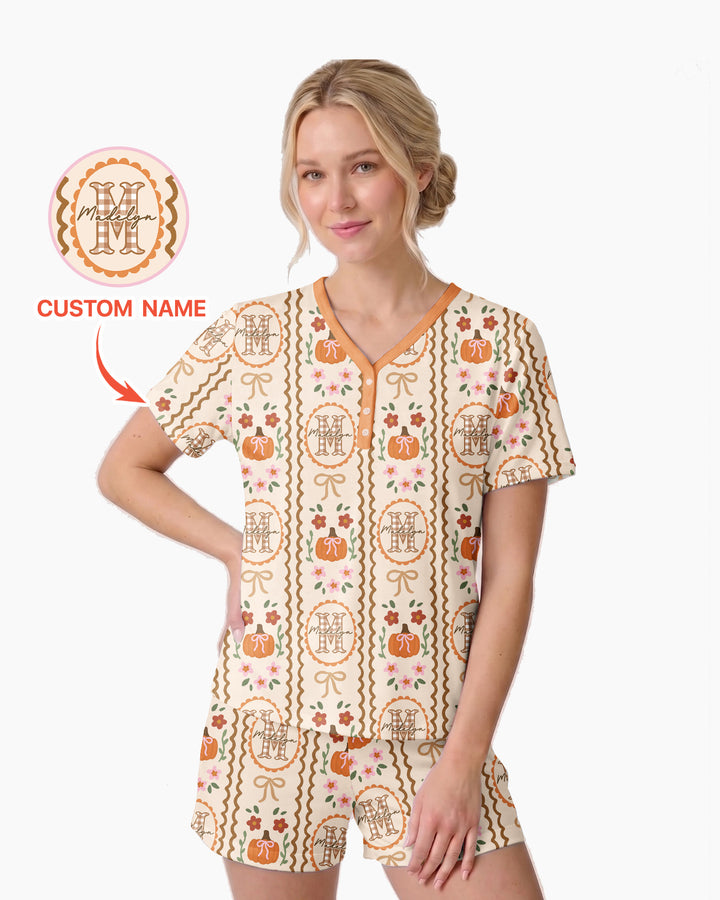 Custom Name Pumpkin Cottage Bamboo Women Short Sleeve Short Pajama Set