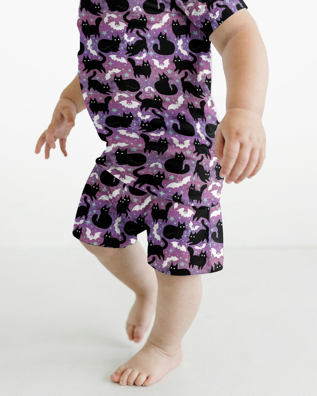 Spooky Black Cat Halloween Purple Bats Bamboo Two Piece Short Sleeve Shorts Pajama Set
