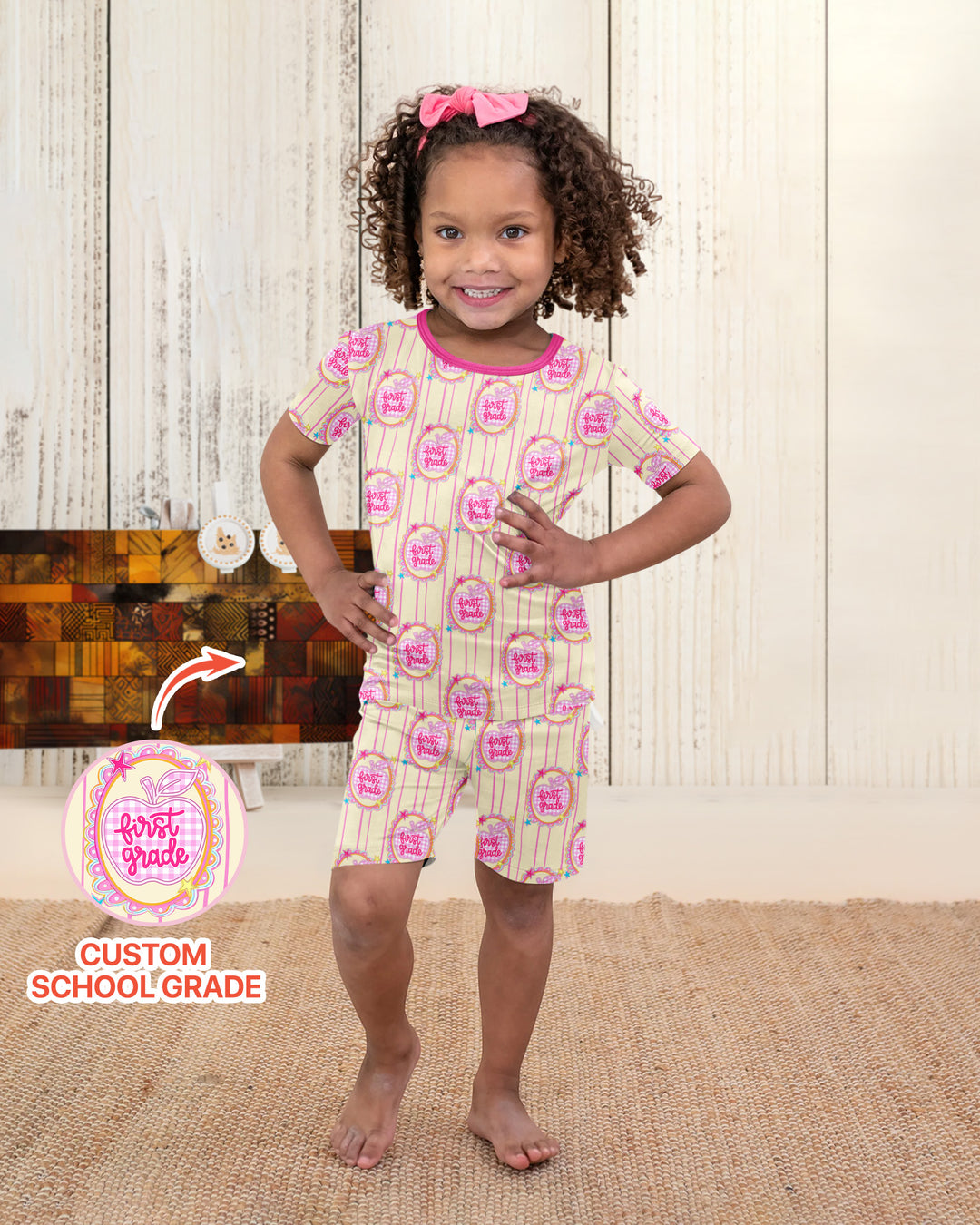 Custom Grade School Sweetie Bamboo Two Piece Short Sleeve Shorts Pajama Set