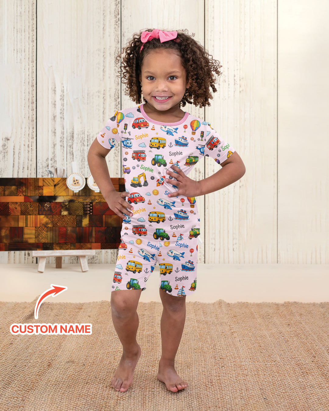 Custom Name Cute Transport Bamboo Two Piece Short Sleeve Shorts Pajama Set