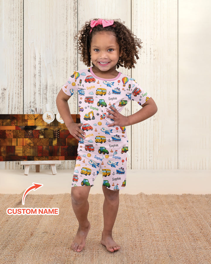 Custom Name Cute Transport Bamboo Two Piece Short Sleeve Shorts Pajama Set