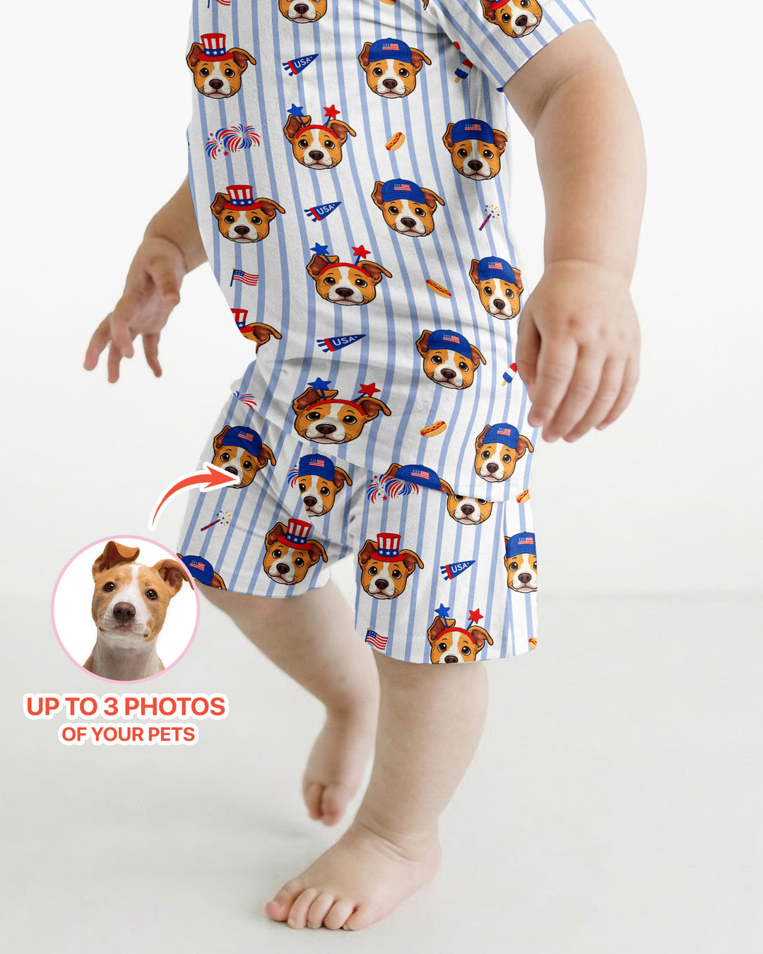 Custom Pet Image 4th of July Family Matching Bamboo Two Piece Short Sleeve Shorts Pajama Set