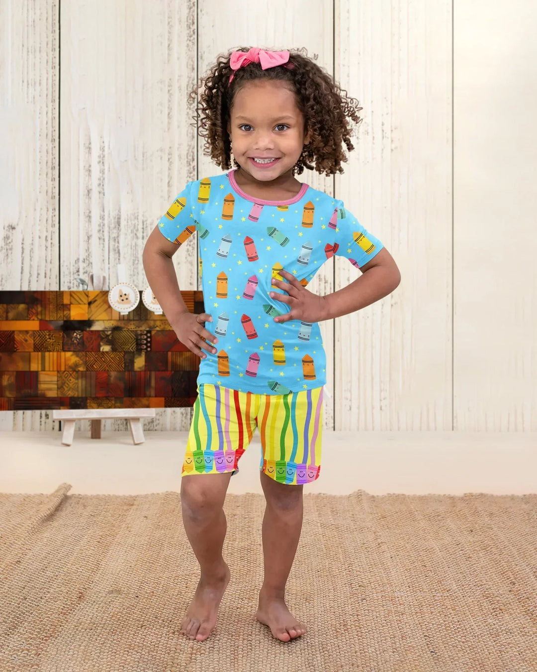 Happy Crayon Friends Bamboo Two Piece Short Sleeve Shorts Pajama Set