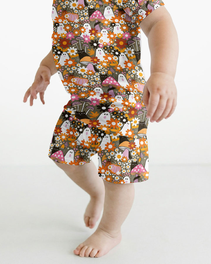 Retro Ghost Mushroom Floral Halloween Bamboo Two Piece Short Sleeve Shorts Pajama Set