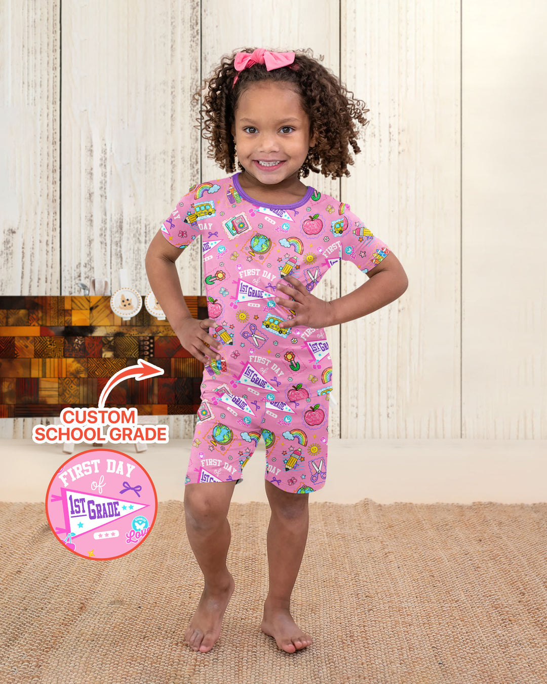 Custom Grade Girls School First Day Bamboo Two Piece Short Sleeve Shorts Pajama Set