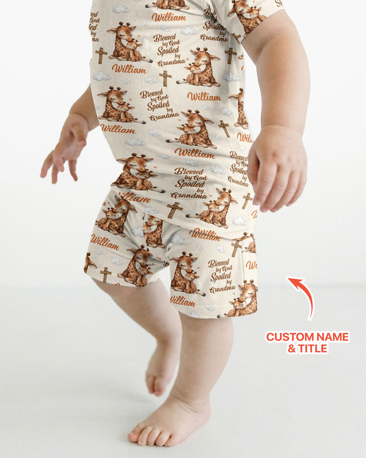 Custom Name Blessed By God Spoiled By Grandma Bamboo Two Piece Short Sleeve Shorts Pajama Set
