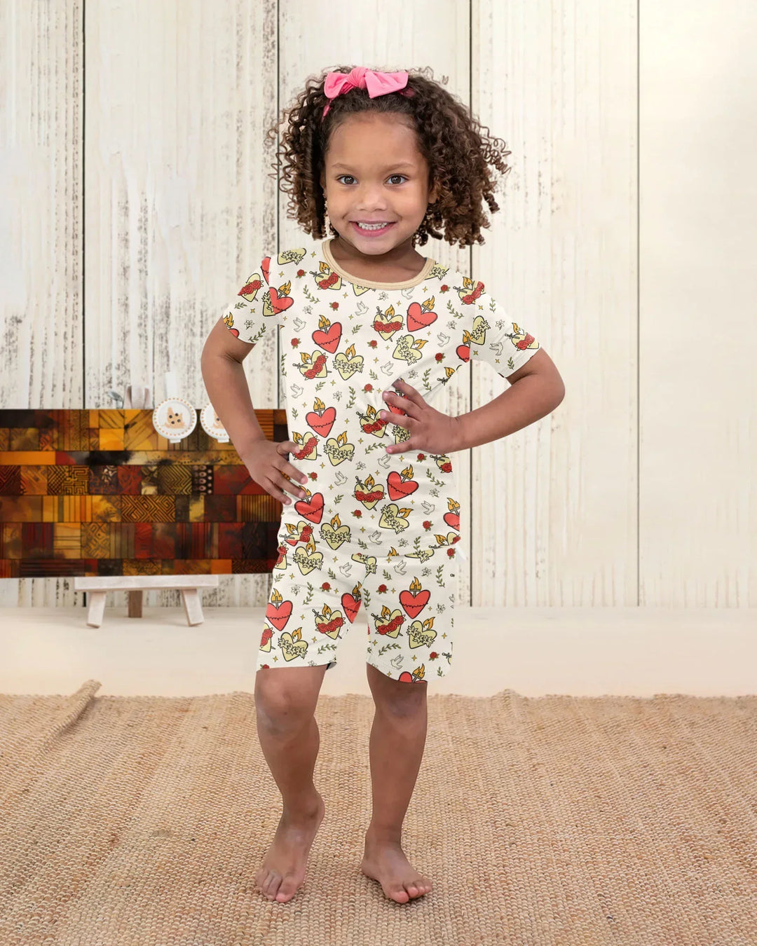 Three Sacred Hearts Bamboo Two Piece Short Sleeve Shorts Pajama Set