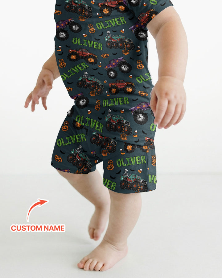 Custom Name Haunted Monster Trucks  Bamboo Two Piece Short Sleeve Shorts Pajama Set